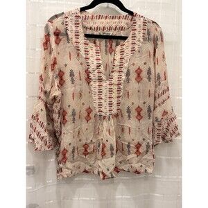 Lucky Brand Boho Ikat Blouse XL Flowy Peasant Top 3/4 Sleeve